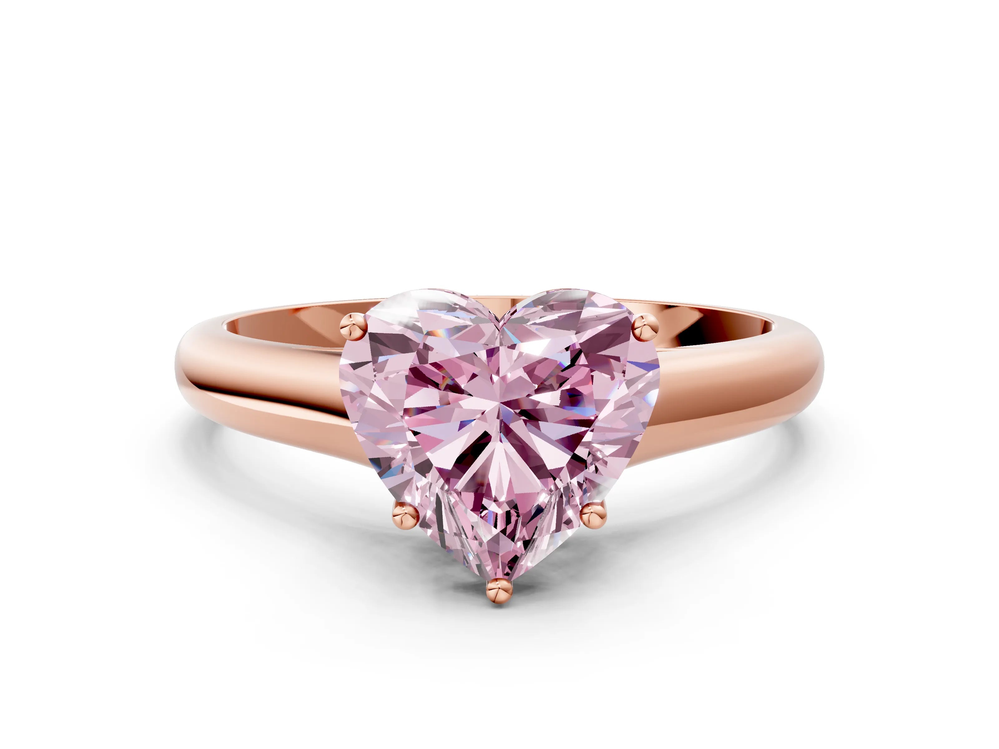 Rose gold Fancy Pink Heart Cut Cut Diamond Solitaire Engagement Ring with Tapered Plain Band and Four-Prong Setting