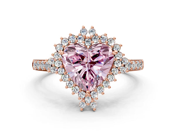 Rose gold Fancy Pink Heart Cut Cut Diamond Sunburst Halo Engagement Ring with Pavé Band