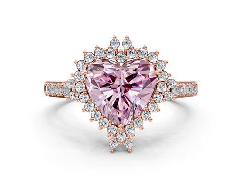 Rose gold Fancy Pink Heart Cut Cut Diamond Sunburst Halo Engagement Ring with Pavé Band