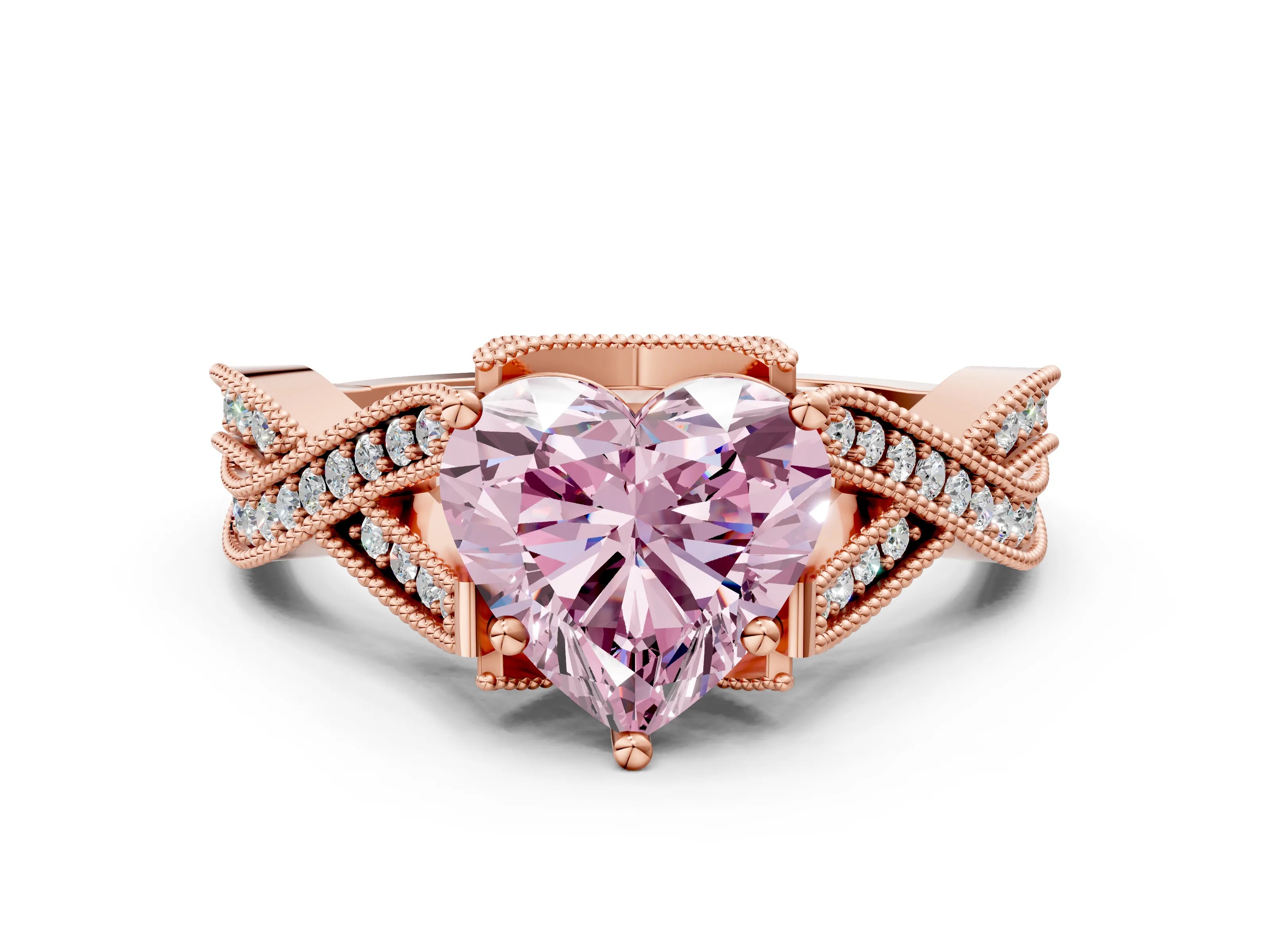 Rose gold Fancy Pink Heart Cut Cut Diamond Twisted Band with Milgrain Pave Setting and Four-Prong Setting