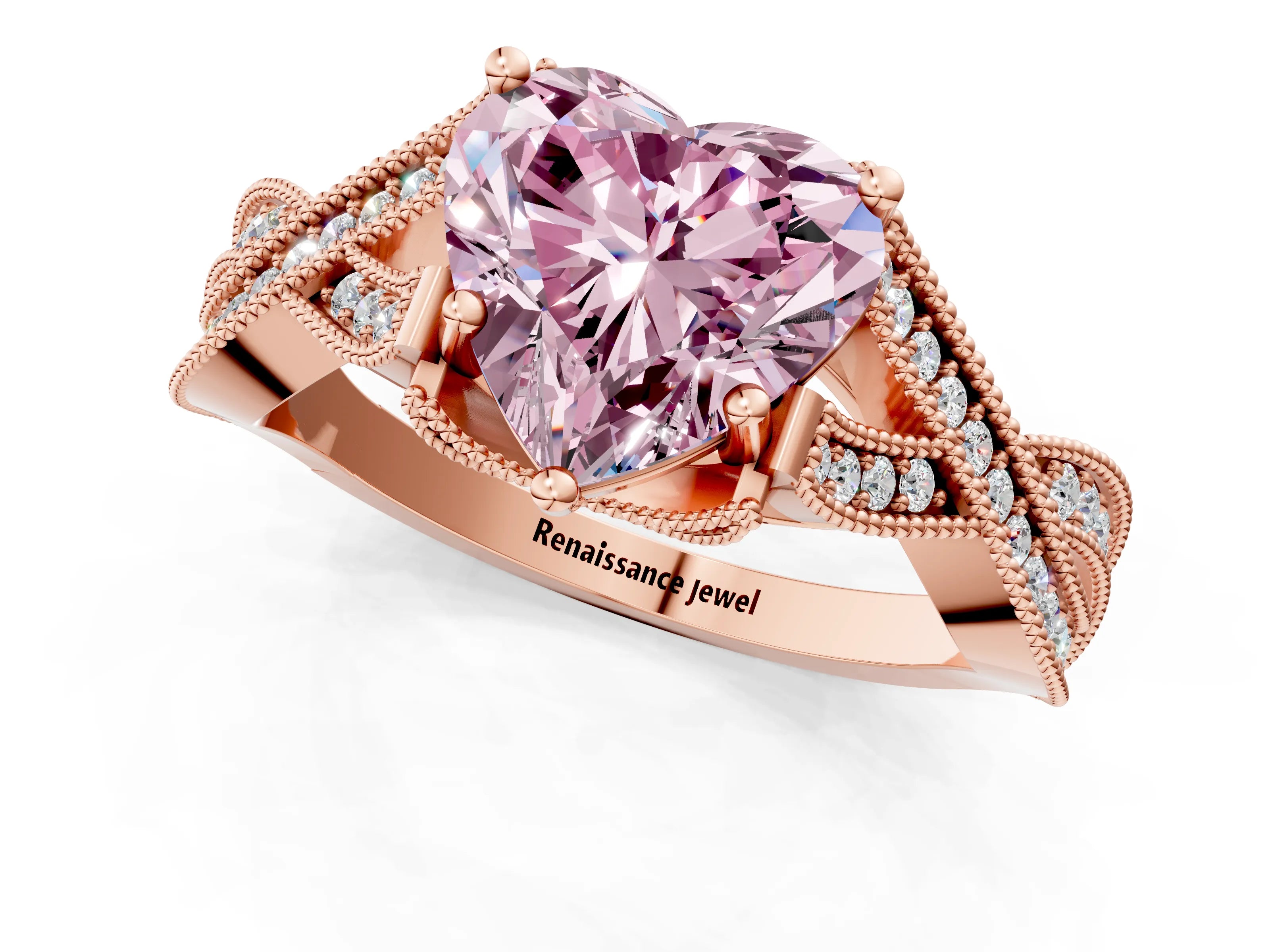 Rose gold Fancy Pink Heart Cut Cut Diamond Twisted Band with Milgrain Pave Setting and Four-Prong Setting_1