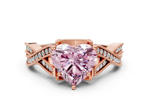 Rose gold Fancy Pink Heart Cut Cut Diamond Twisted Band with Milgrain Pave Setting and Four-Prong Setting