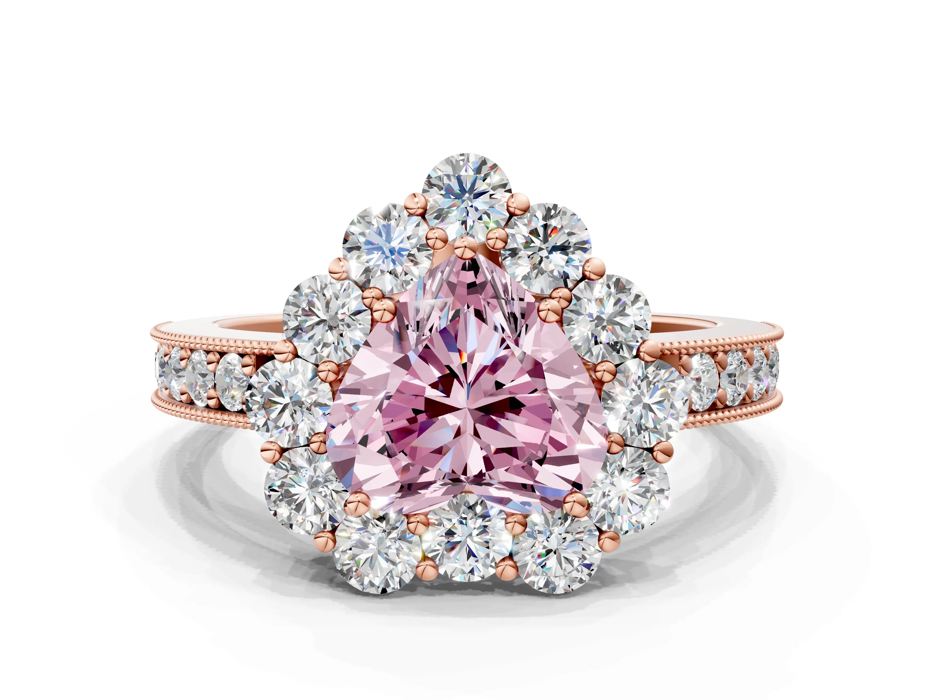 Rose gold Fancy Pink Heart Cut Cut Halo Diamond Pavé Engagement Ring with Milgrain Detailing