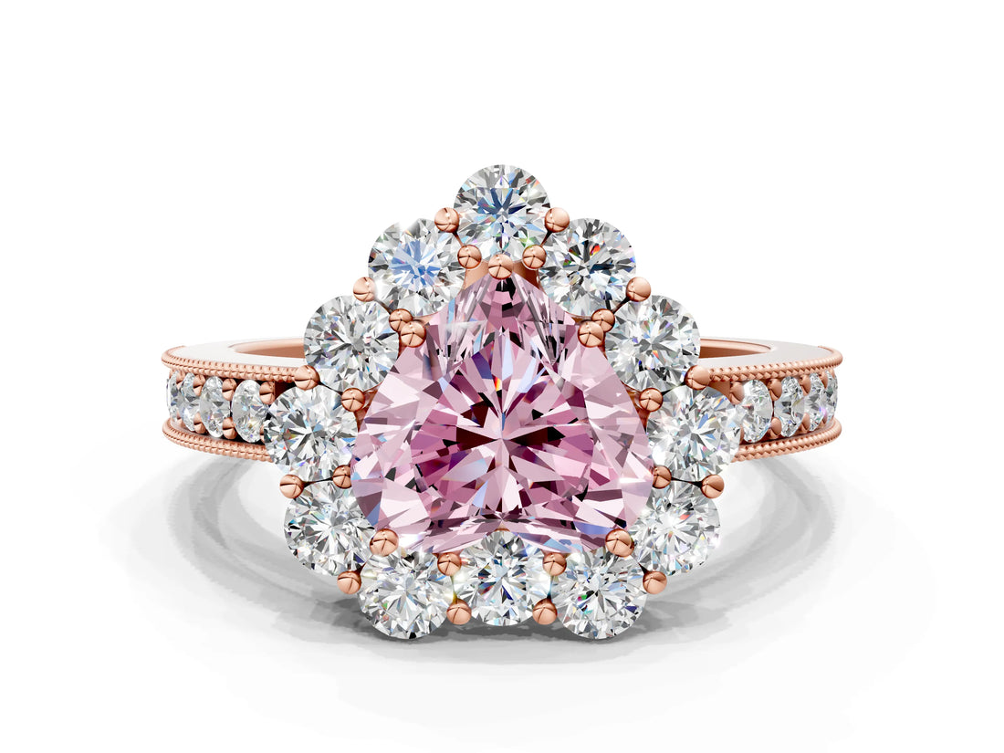 Rose gold Fancy Pink Heart Cut Cut Halo Diamond Pavé Engagement Ring with Milgrain Detailing