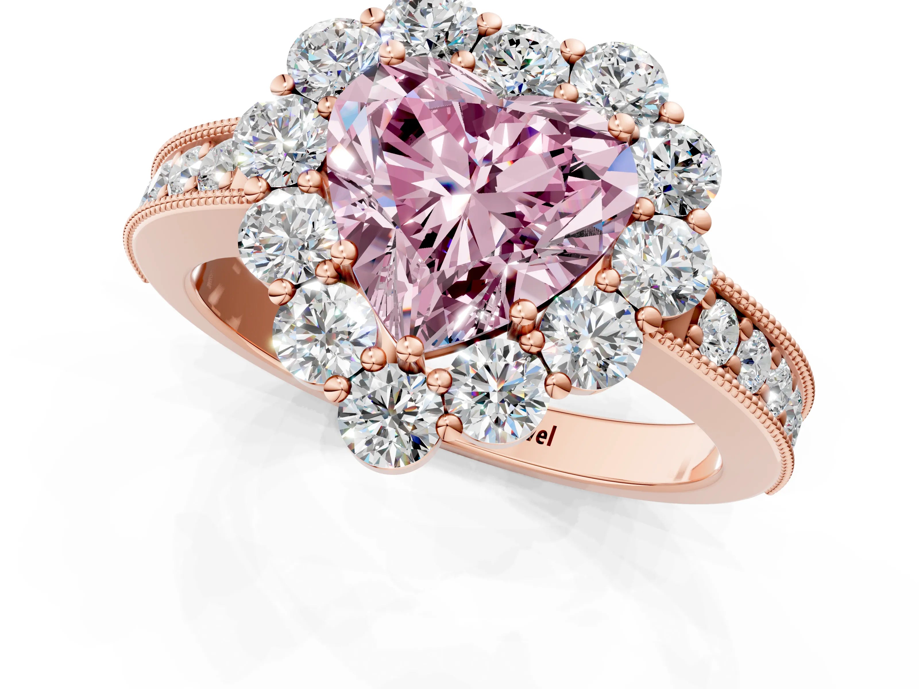 Rose gold Fancy Pink Heart Cut Cut Halo Diamond Pavé Engagement Ring with Milgrain Detailing_1