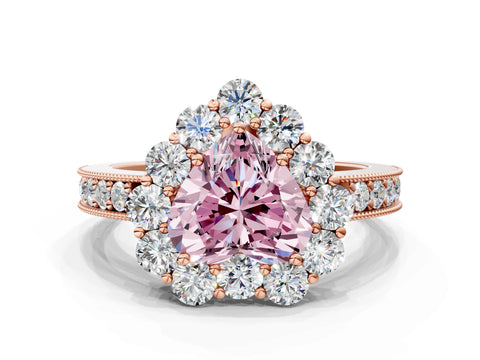 Rose gold Fancy Pink Heart Cut Cut Halo Diamond Pavé Engagement Ring with Milgrain Detailing