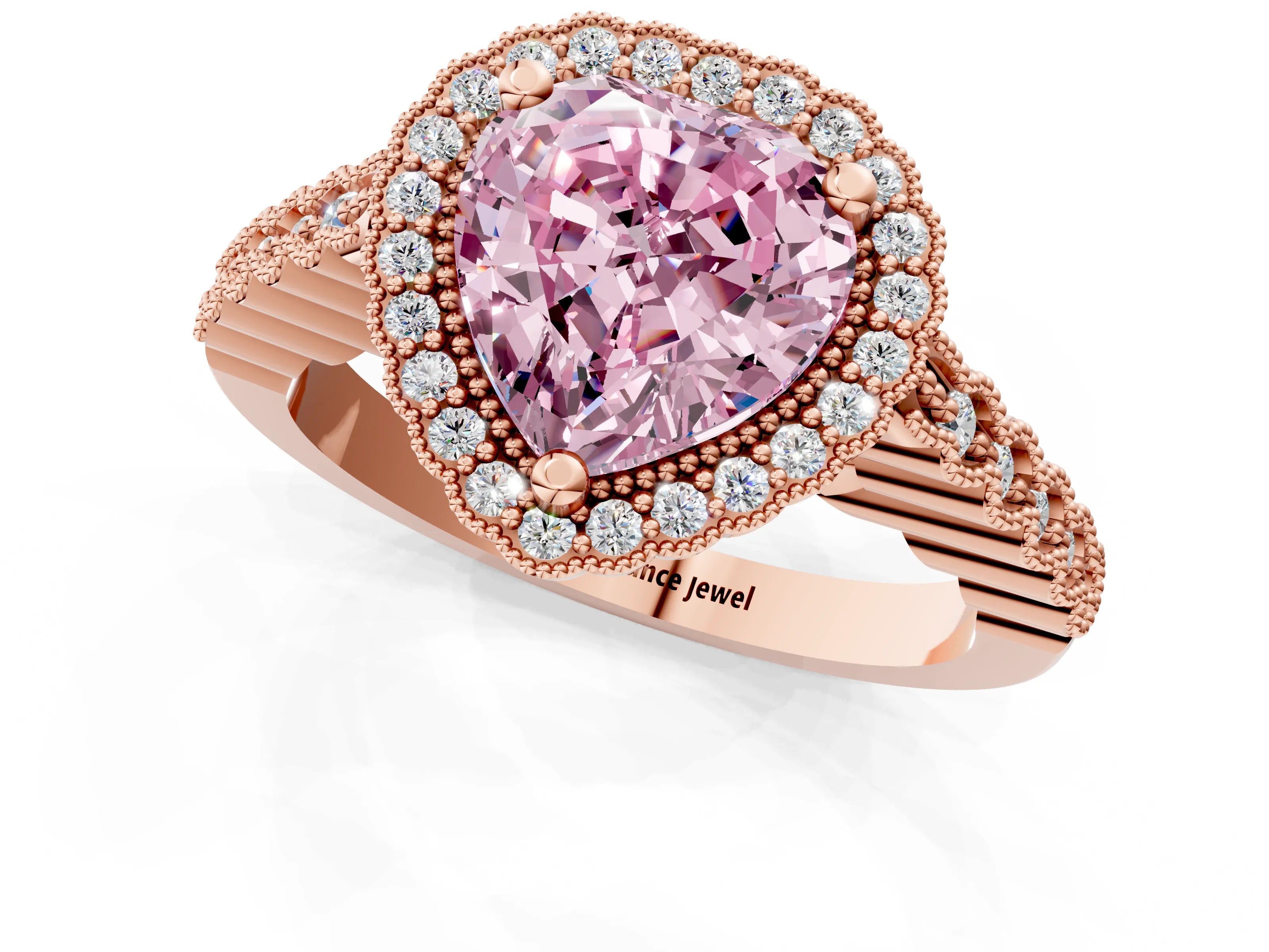 Rose gold Fancy Pink Heart Cut Cut Halo Pavé Solitaire Ring with Milgrain Band_1