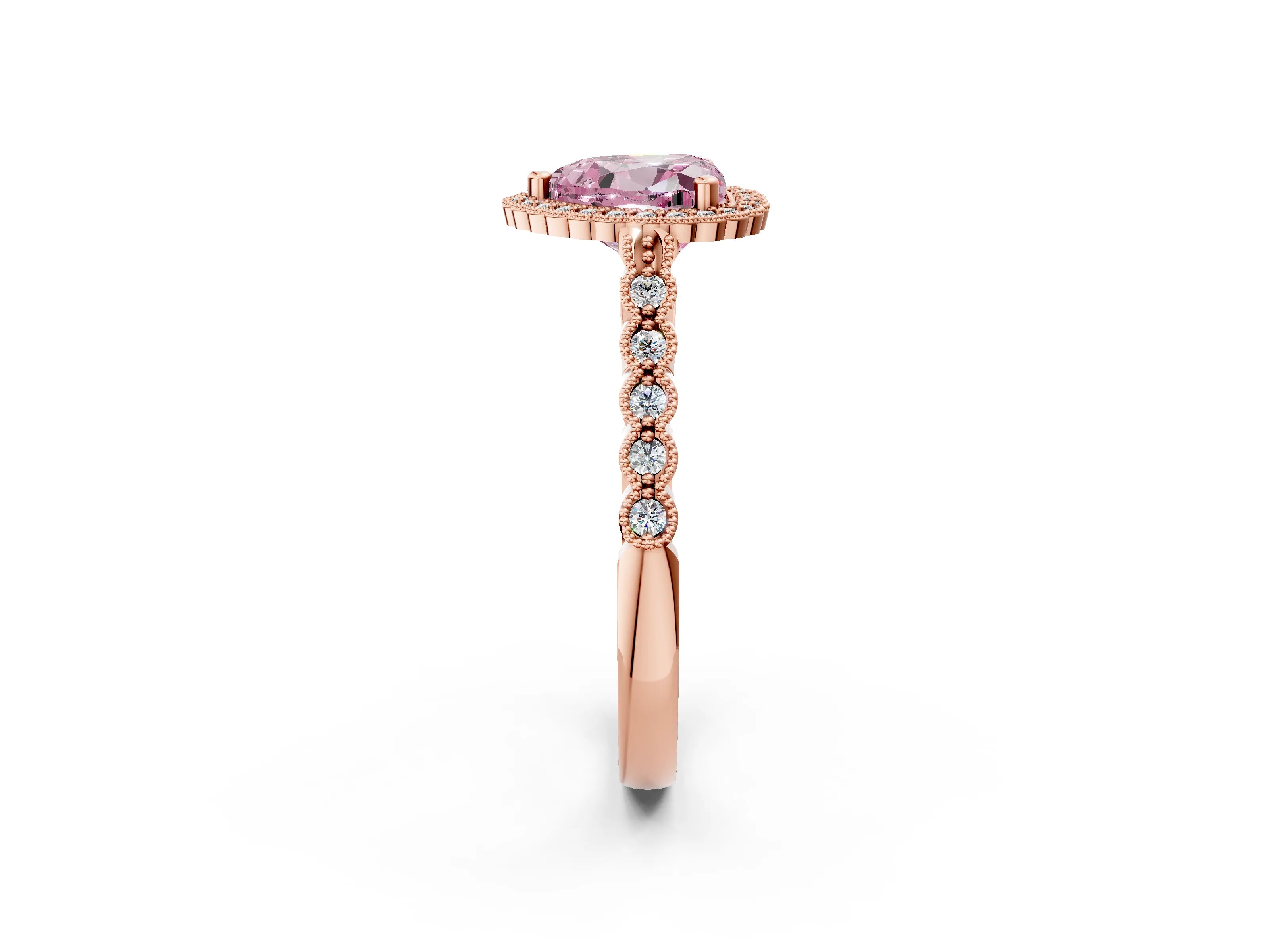 Rose gold Fancy Pink Heart Cut Cut Halo Pavé Solitaire Ring with Milgrain Band_2
