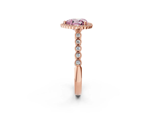 Rose gold Fancy Pink Heart Cut Cut Halo Pavé Solitaire Ring with Milgrain Band