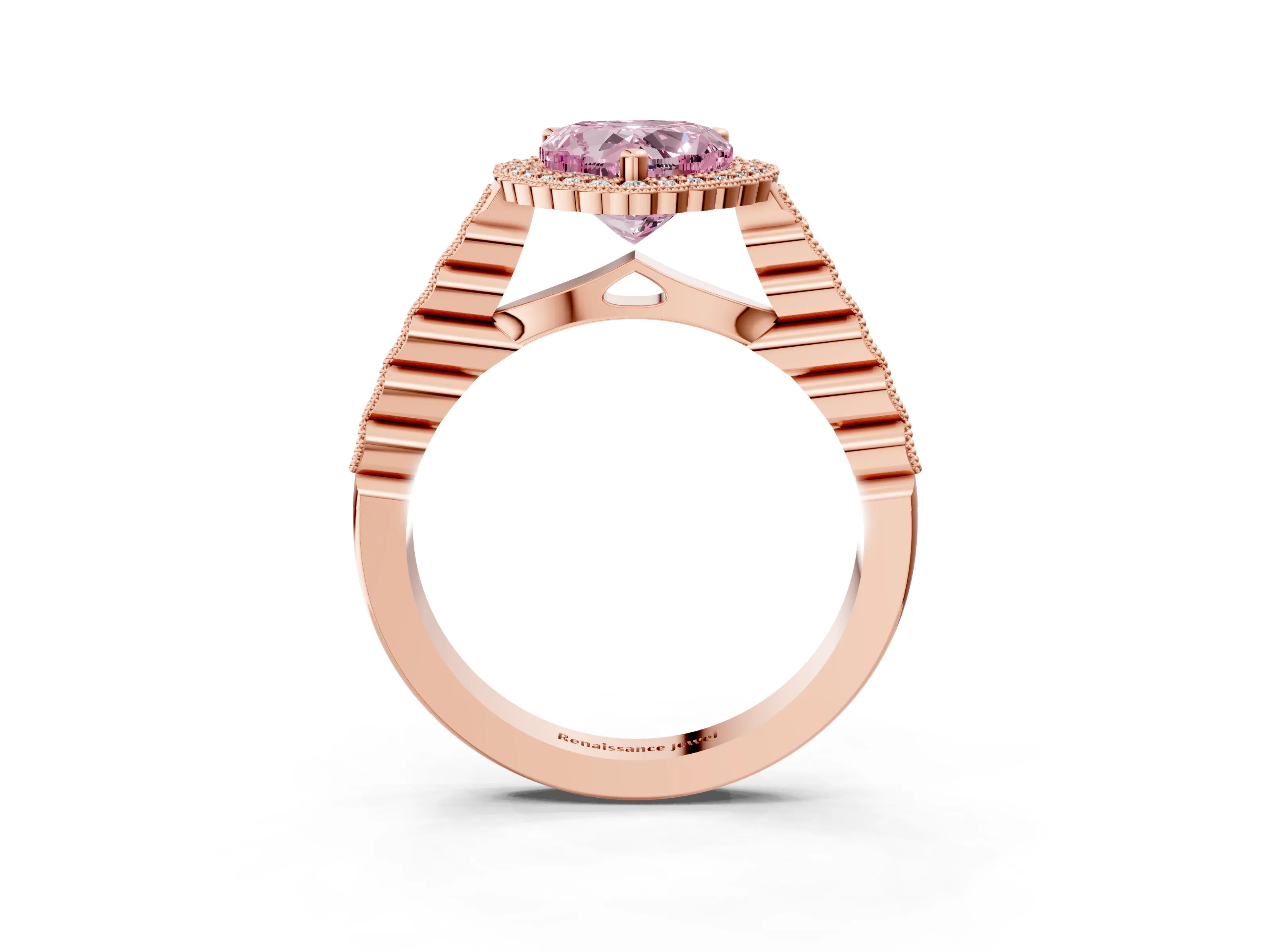 Rose gold Fancy Pink Heart Cut Cut Halo Pavé Solitaire Ring with Milgrain Band_3