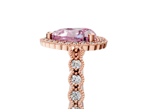 Rose gold Fancy Pink Heart Cut Cut Halo Pavé Solitaire Ring with Milgrain Band_5
