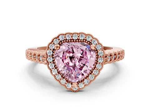 Rose gold Fancy Pink Heart Cut Cut Halo Pavé Solitaire Ring with Milgrain Band