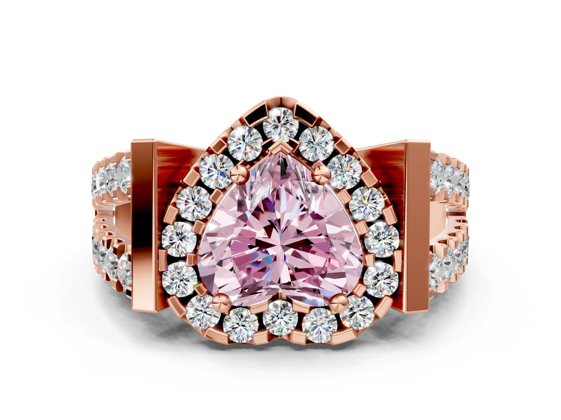 Rose gold Fancy Pink Heart Cut Cut Halo Split Shank Prong Set Ring