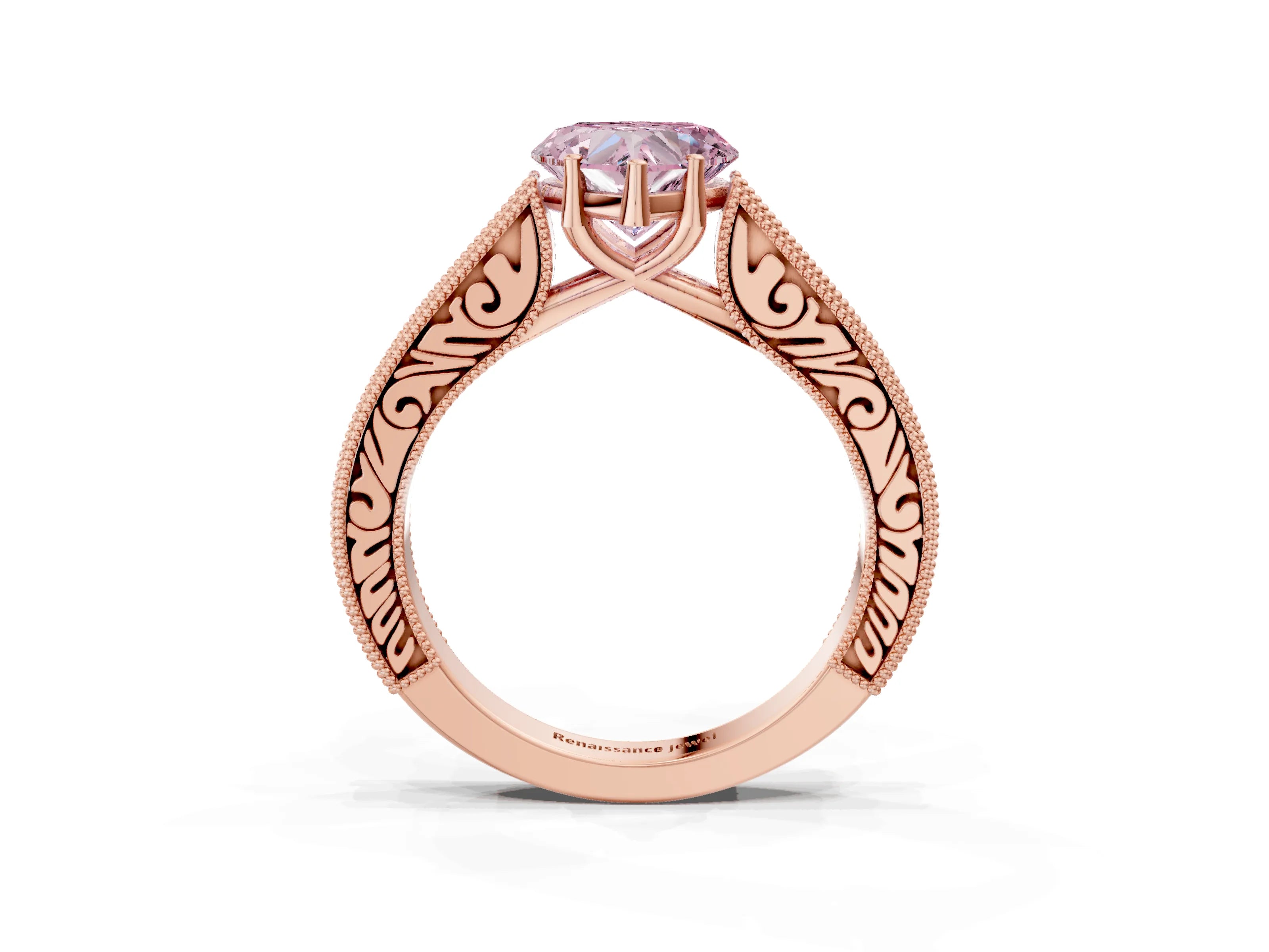Rose gold Fancy Pink Heart Cut Cut Pave Band Milgrain Solitaire Ring_3