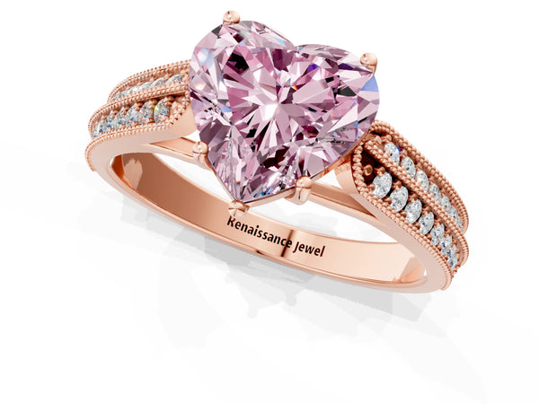 Rose gold Fancy Pink Heart Cut Cut Pave Split Shank Engagement Ring with Four-Prong Setting