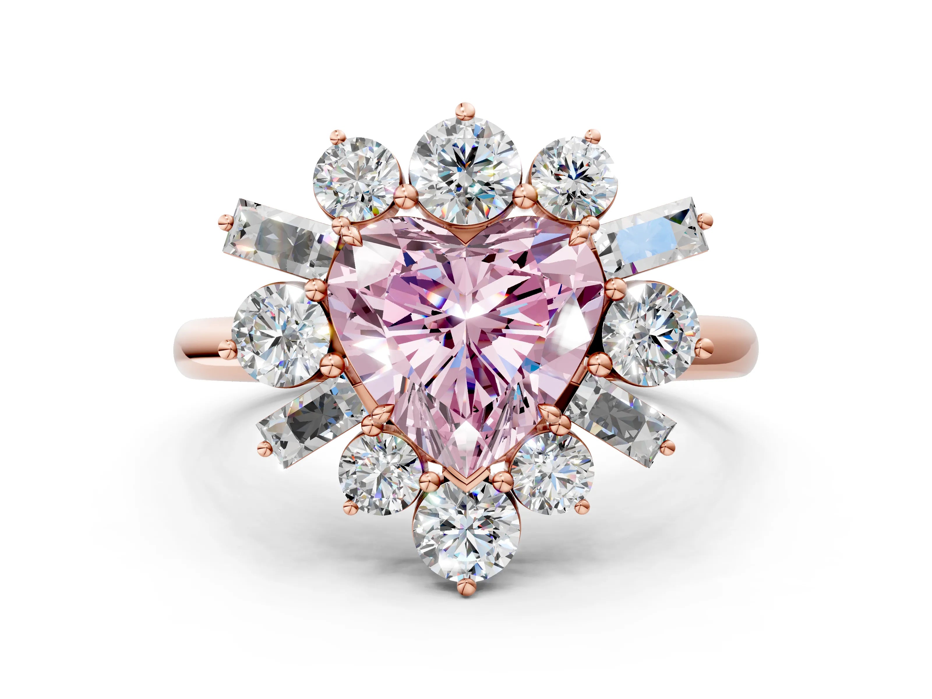 Rose gold Fancy Pink Heart Cut Diamond Cluster Ring with Round and Baguette Stones, Split Shank Band, Prong Setting