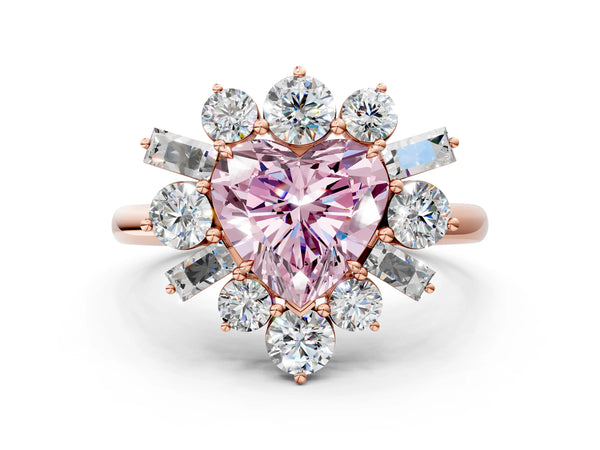 Rose gold Fancy Pink Heart Cut Diamond Cluster Ring with Round and Baguette Stones, Split Shank Band, Prong Setting
