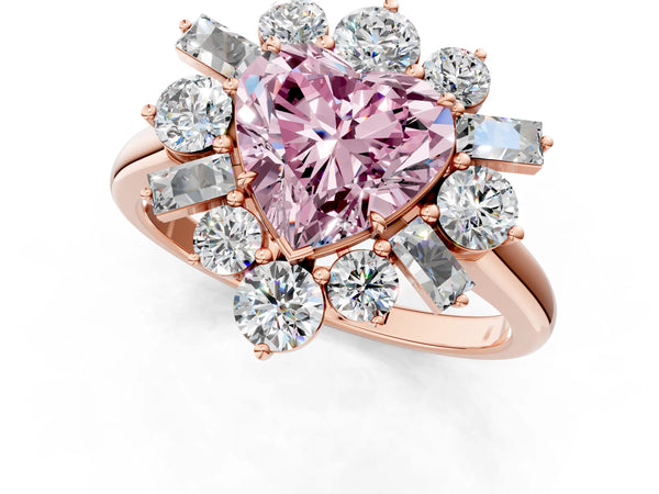 Rose gold Fancy Pink Heart Cut Diamond Cluster Ring with Round and Baguette Stones, Split Shank Band, Prong Setting
