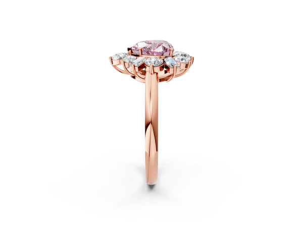Rose gold Fancy Pink Heart Cut Diamond Cluster Ring with Round and Baguette Stones, Split Shank Band, Prong Setting