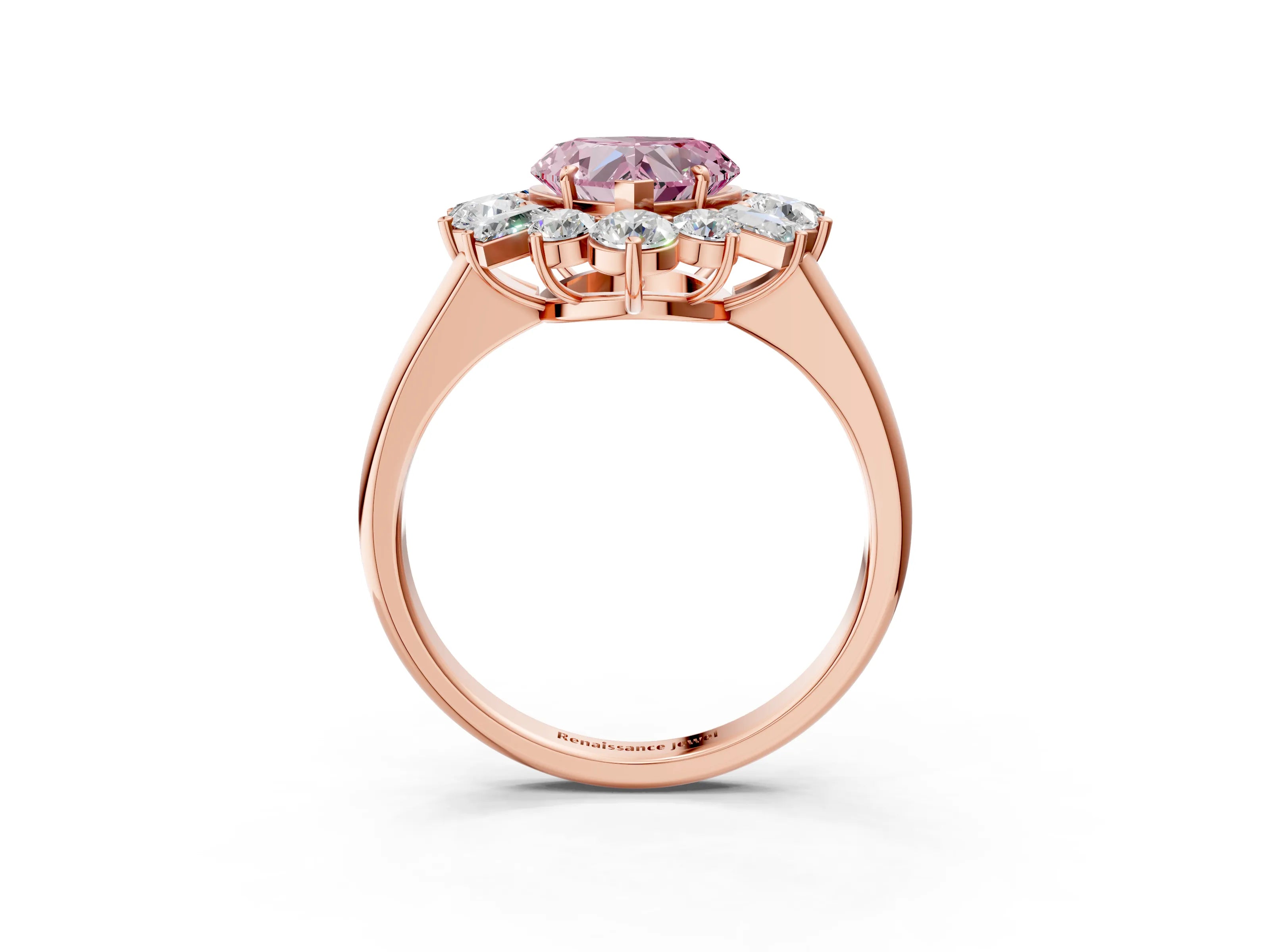 Rose gold Fancy Pink Heart Cut Diamond Cluster Ring with Round and Baguette Stones, Split Shank Band, Prong Setting_3