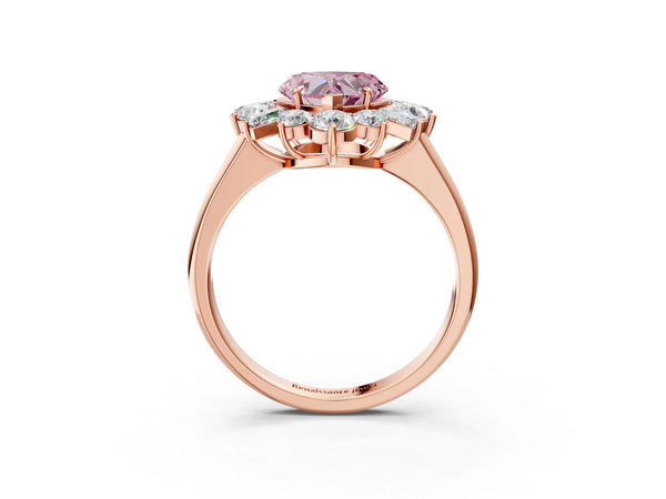 Rose gold Fancy Pink Heart Cut Diamond Cluster Ring with Round and Baguette Stones, Split Shank Band, Prong Setting
