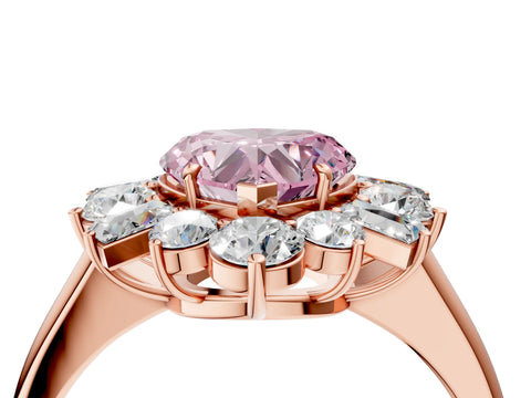 Rose gold Fancy Pink Heart Cut Diamond Cluster Ring with Round and Baguette Stones, Split Shank Band, Prong Setting_4