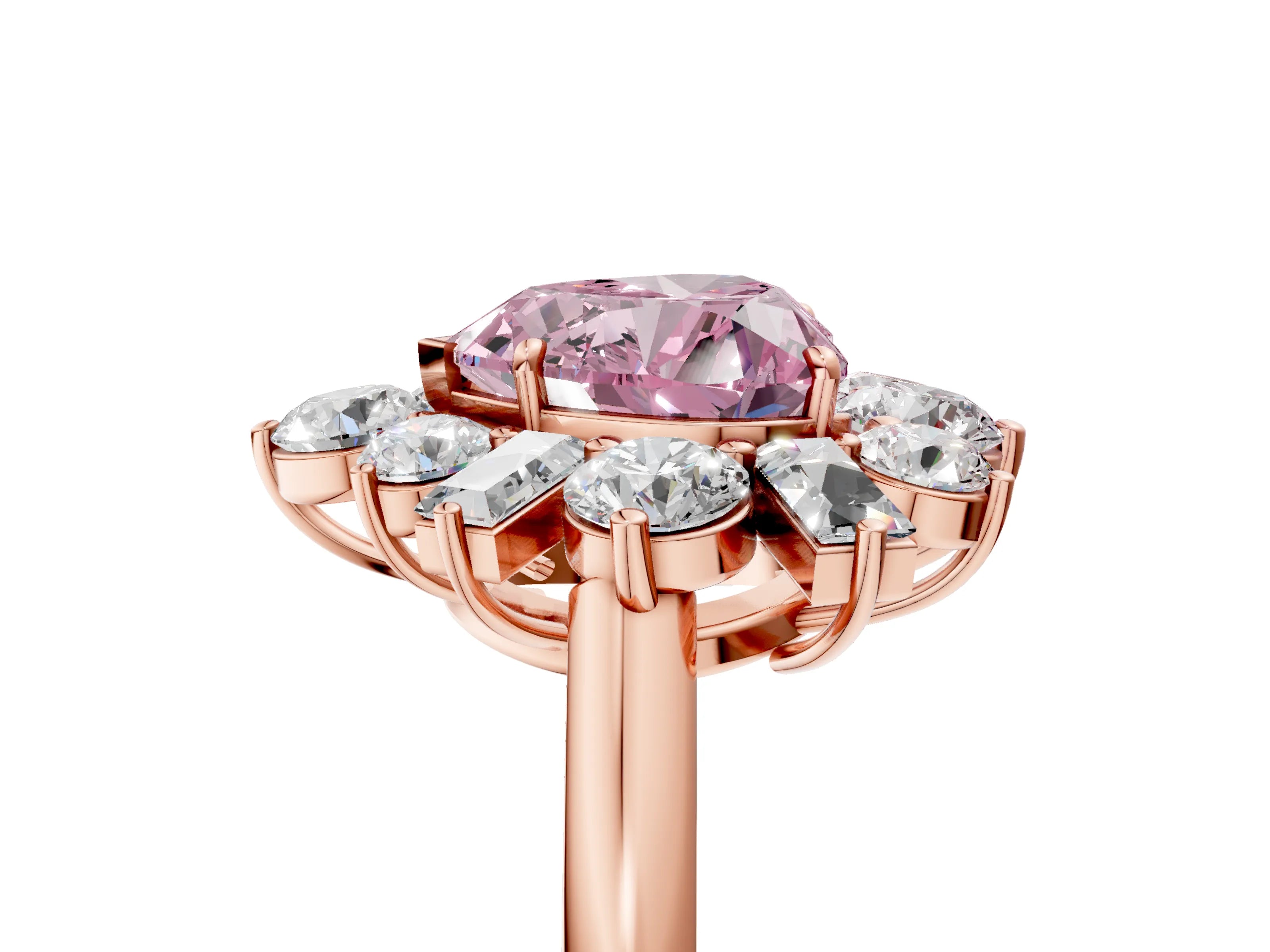 Rose gold Fancy Pink Heart Cut Diamond Cluster Ring with Round and Baguette Stones, Split Shank Band, Prong Setting_5