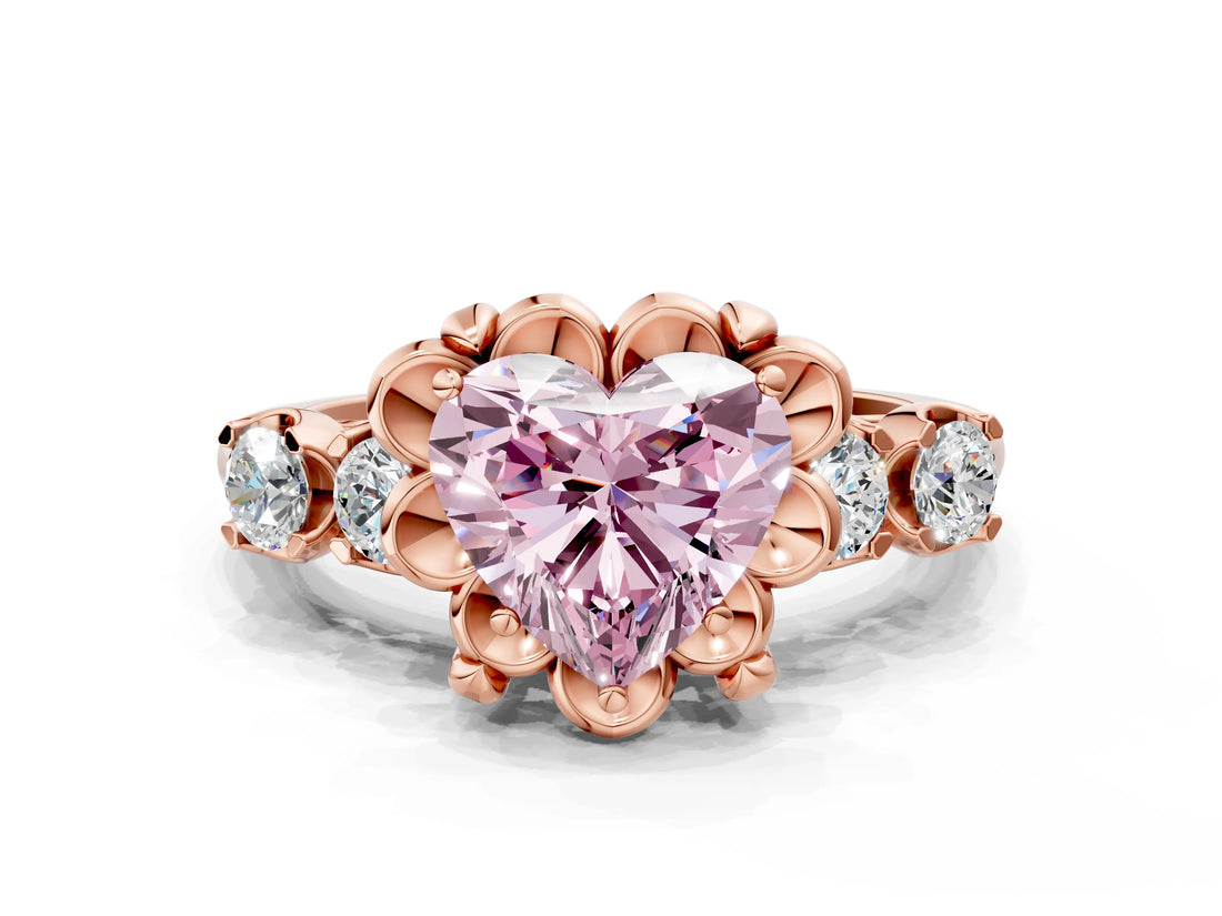 Rose gold Fancy Pink Heart  Cut Diamond Floral Halo Engagement Ring with Shared Prong Setting 1