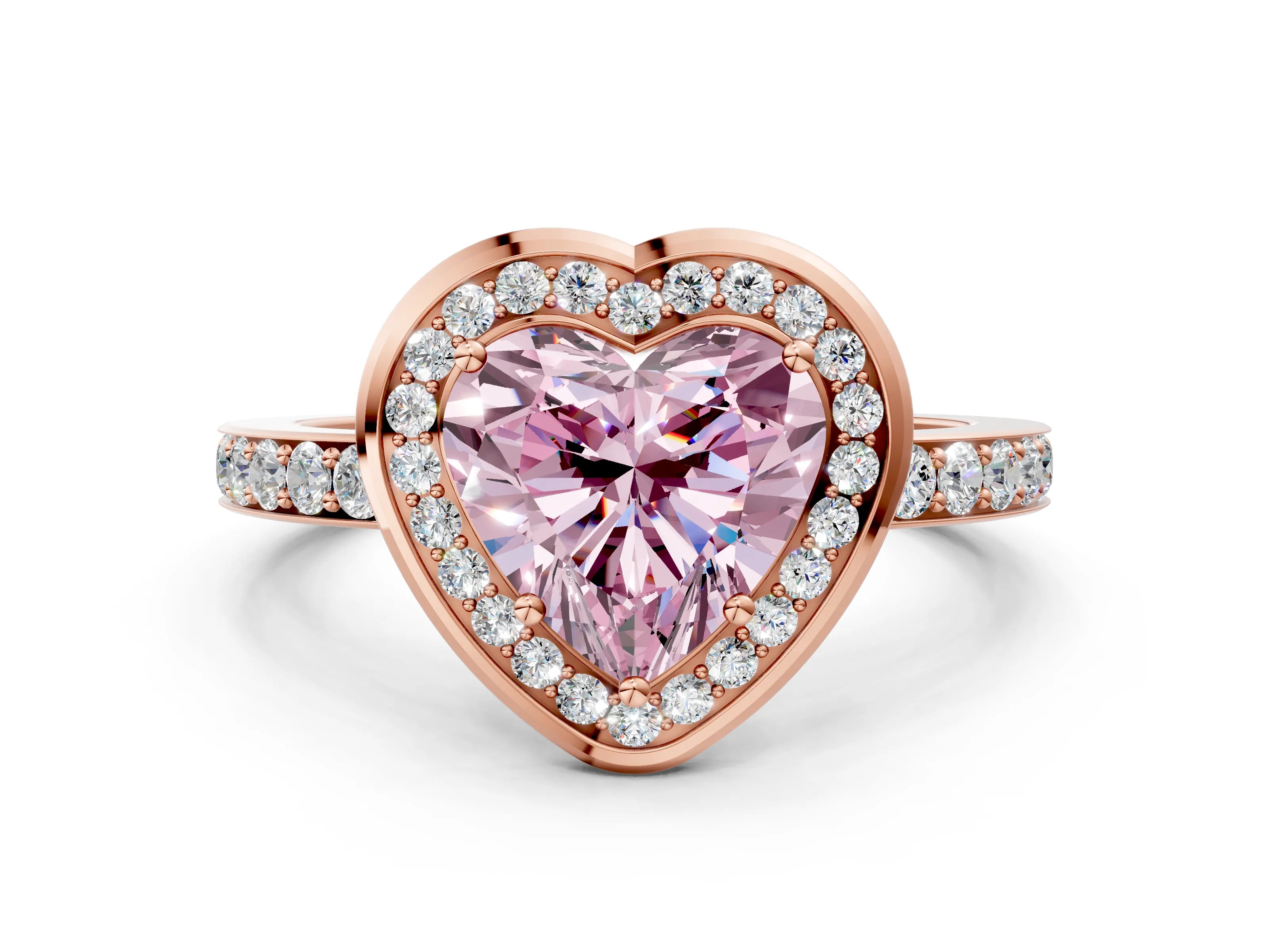 Rose gold Fancy Pink Heart Cut Diamond Halo Ring with Bezel Frame and Pavé Band