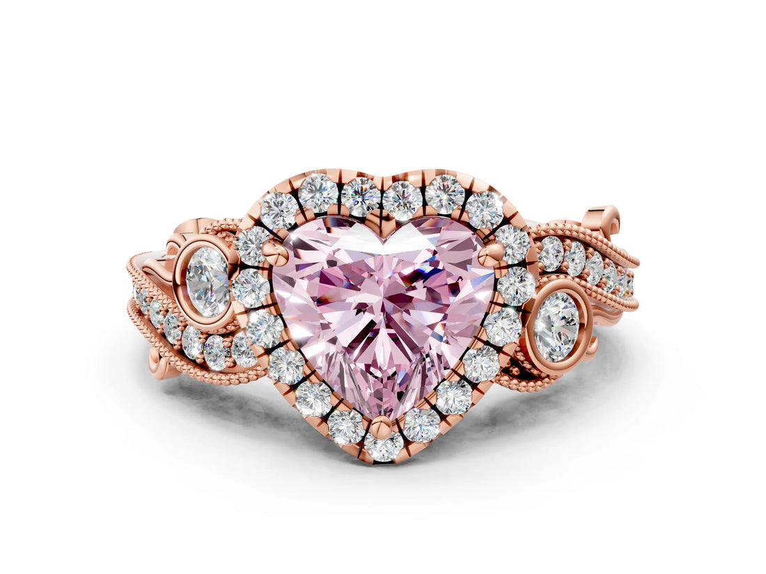 Rose gold Fancy Pink Heart Cut Diamond Halo Ring with Milgrain Pavé Band and Four-Prong Setting_53