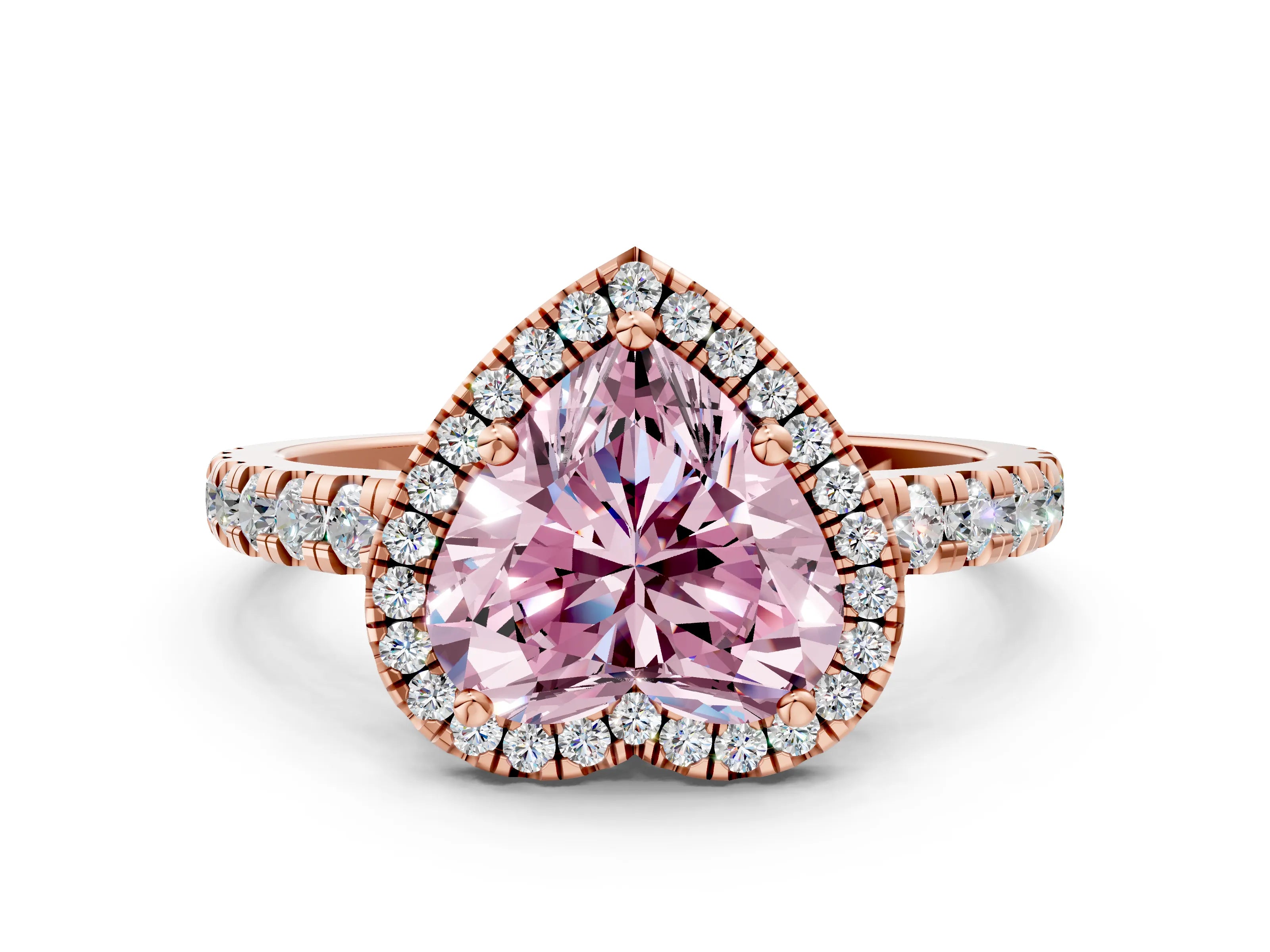 Rose gold Fancy Pink Heart Cut Diamond Halo Ring with Pavé Band and Four-Prong Setting