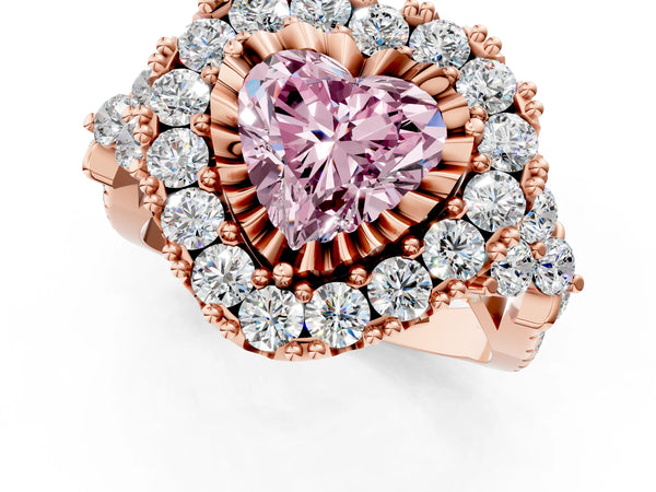 Rose gold Fancy Pink Heart Cut Diamond Halo Ring with Pavé Band and Four-Prong Setting