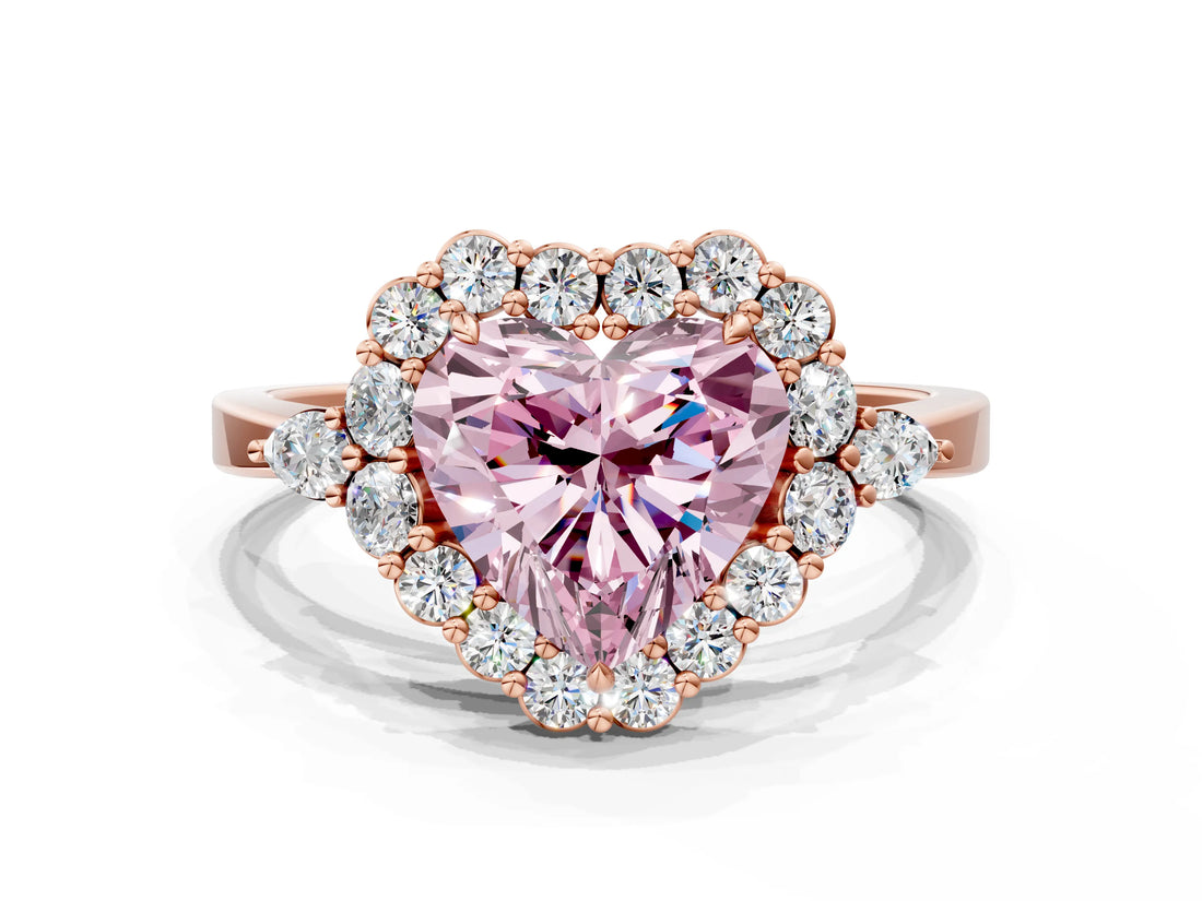 Rose gold Fancy Pink Heart Cut Diamond Halo Ring with Pear Side Stones and Prong Setting_68