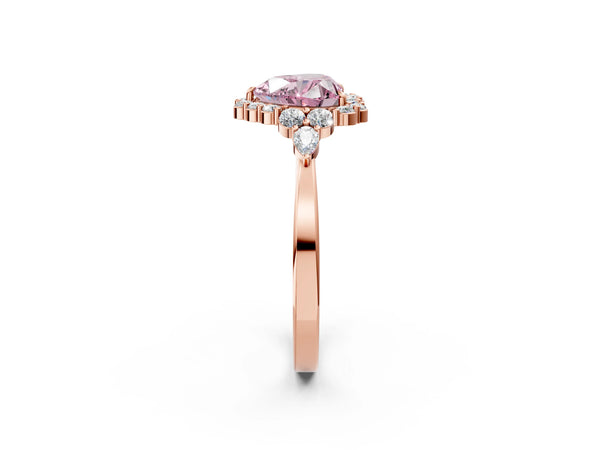 Rose Gold Heart-Shaped Halo Engagement Ring Setting for Fancy Pink Center with Pear Accents