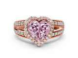 Rose gold Fancy Pink Heart Cut Diamond Halo Ring with Split Shank Pavé Band and Four-Prong Setting