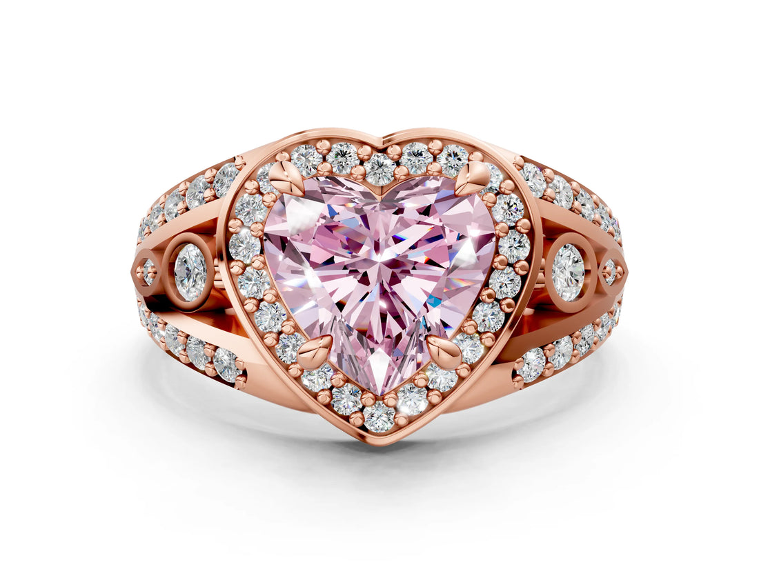 Rose gold Fancy Pink Heart Cut Diamond Halo Ring with Split Shank and Bezel Accents and Four-Prong Setting