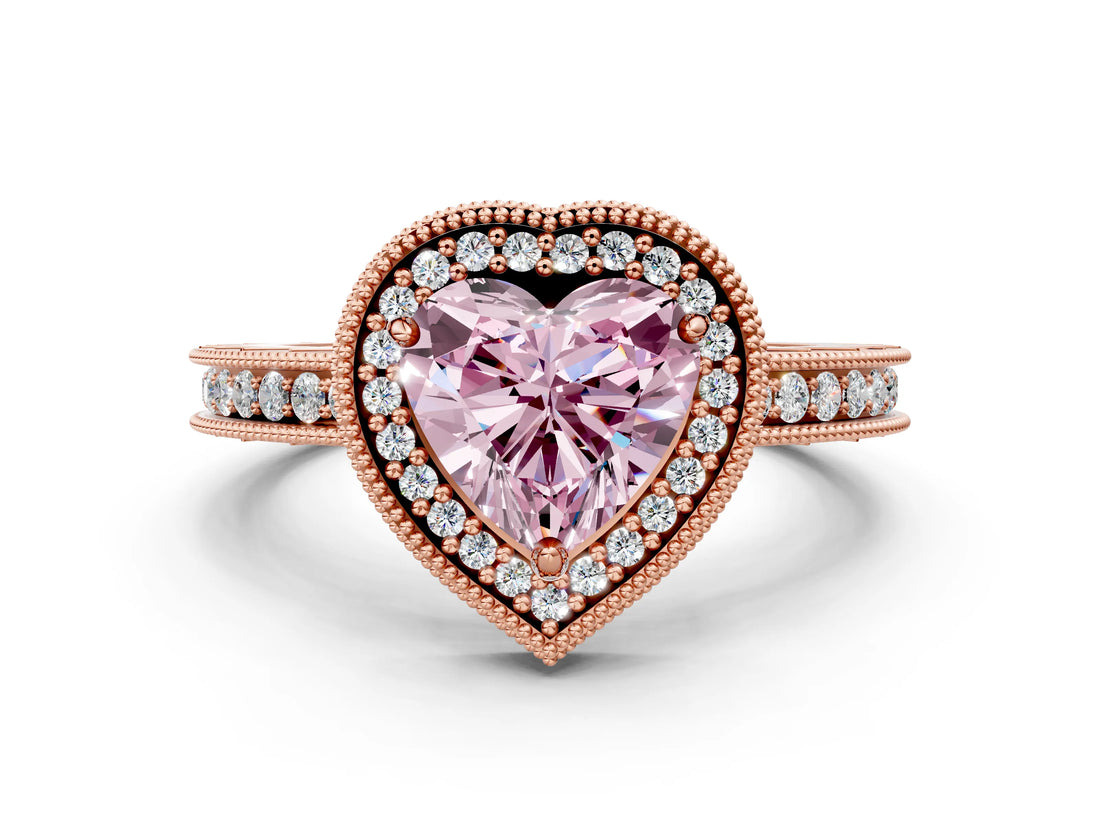 Rose gold Fancy Pink Heart Cut Diamond Milgrain Halo Engagement Ring with Round Pavé Band and Prong Setting_24