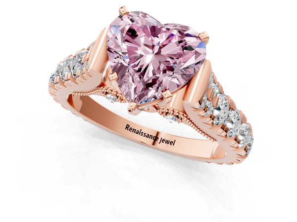 Rose gold Fancy Pink Heart Cut Diamond Classic Solitaire Ring with Pavé Band and Four-Prong Setting