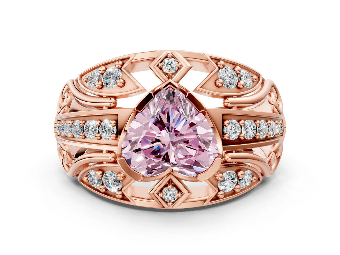 Rose gold Fancy Pink Heart Cut Diamond Pave Art Deco Split Shank Ring with Four-Prong Setting
