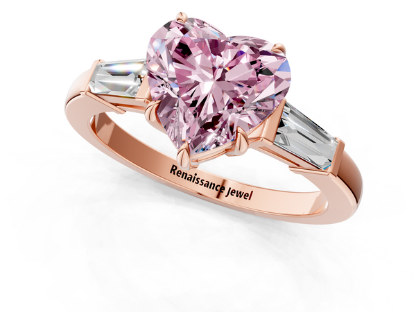 Rose gold Fancy Pink Heart  Cut Diamond Ring with Tapered Baguette Side Stones in Four-Prong Setting