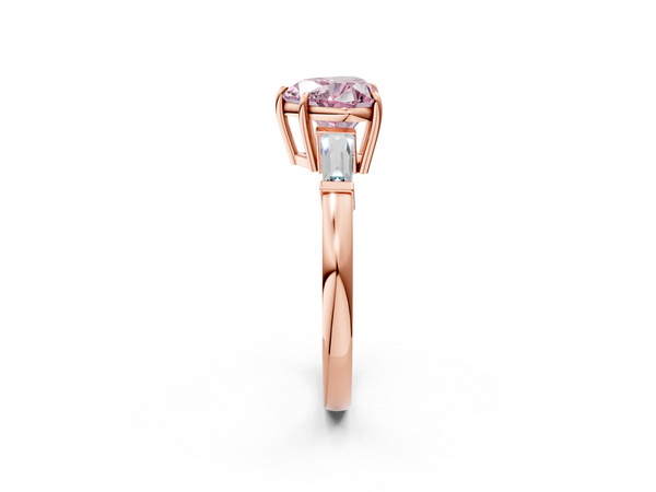 Rose gold Fancy Pink Heart  Cut Diamond Ring with Tapered Baguette Side Stones in Four-Prong Setting