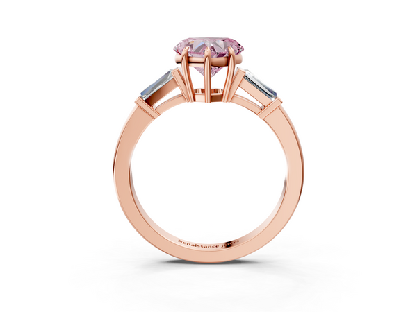 Rose gold Fancy Pink Heart  Cut Diamond Ring with Tapered Baguette Side Stones in Four-Prong Setting