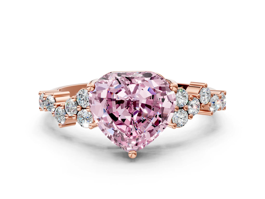 Rose gold Fancy Pink Heart Cut Diamond Scattered Round Accent Ring with Prong Setting_12