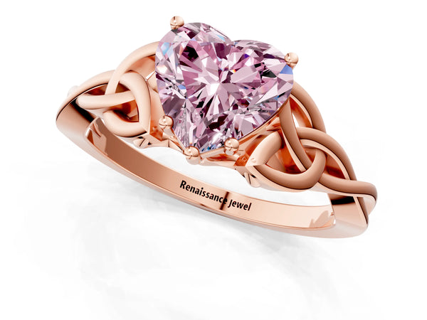 Rose gold Fancy Pink Heart Cut Diamond Solitaire Celtic Knot Ring with Four-Prong Setting