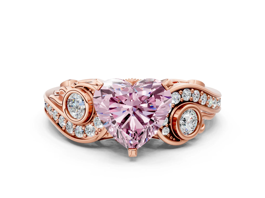Rose gold Fancy Pink Heart Cut Diamond Solitaire Ring with Milgrain Pavé Band and Four-Prong Setting_196