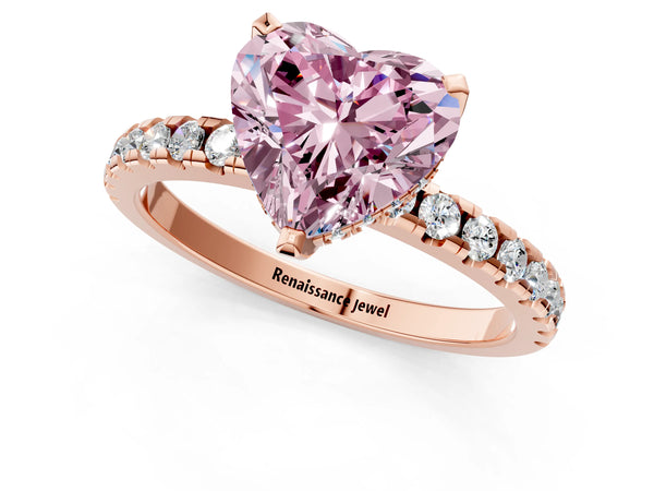 Rose Gold Heart-Shaped Hidden Halo Solitaire Engagement Ring Setting for Fancy Pink Center with Single Row Pave Band