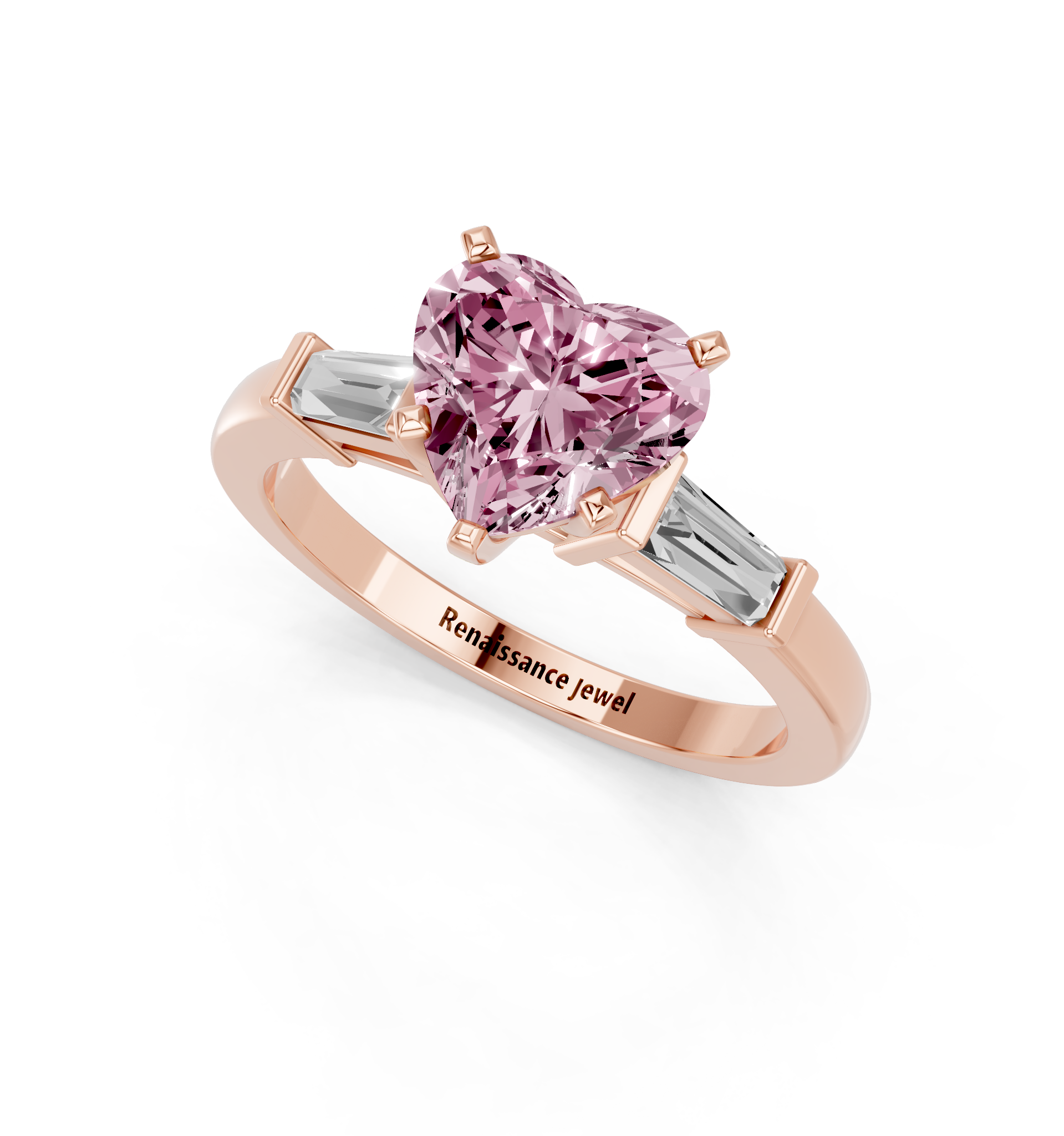 Rose gold Fancy Pink Heart  Cut Diamond Solitaire Ring with Tapered Baguette Accents and Four-Prong Setting_2