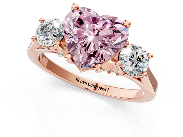 Rose gold Fancy Pink Heart Cut Diamond Three-Stone Engagement Ring with Prong Setting and Pavé Band