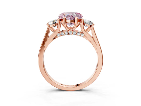 Rose gold Fancy Pink Heart Cut Diamond Three-Stone Engagement Ring with Prong Setting and Pavé Band
