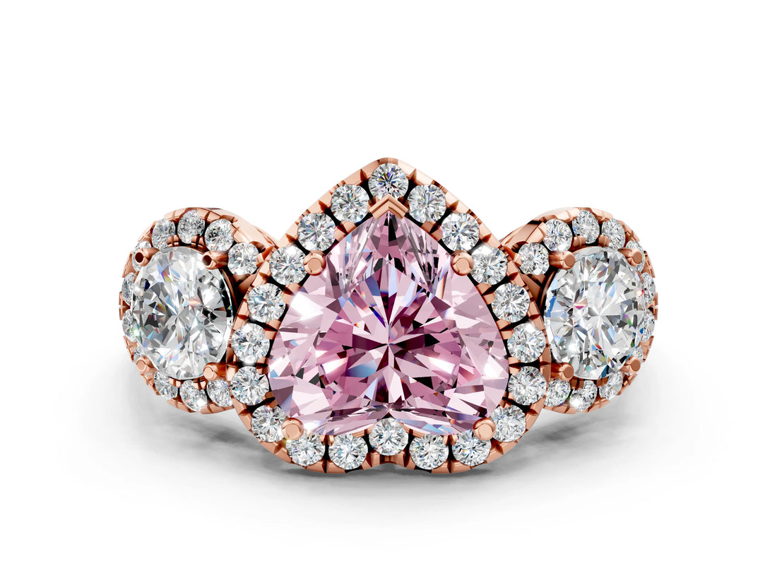 Rose gold Fancy Pink Heart Cut Diamond Three-Stone Halo Ring with Prong Setting and Pavé Accents